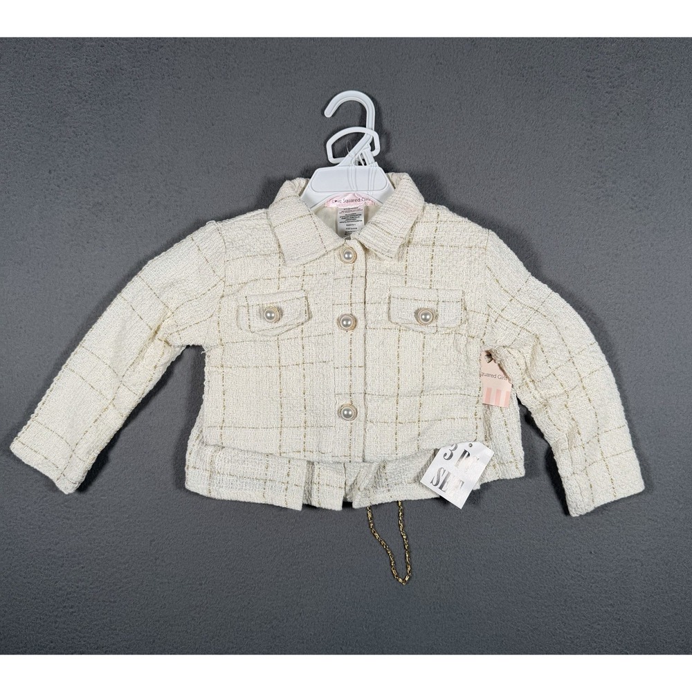 Love Squared Girls 3-Piece Tweed Jacket Skirt Purse Set Size 3T Cream Gold NWT